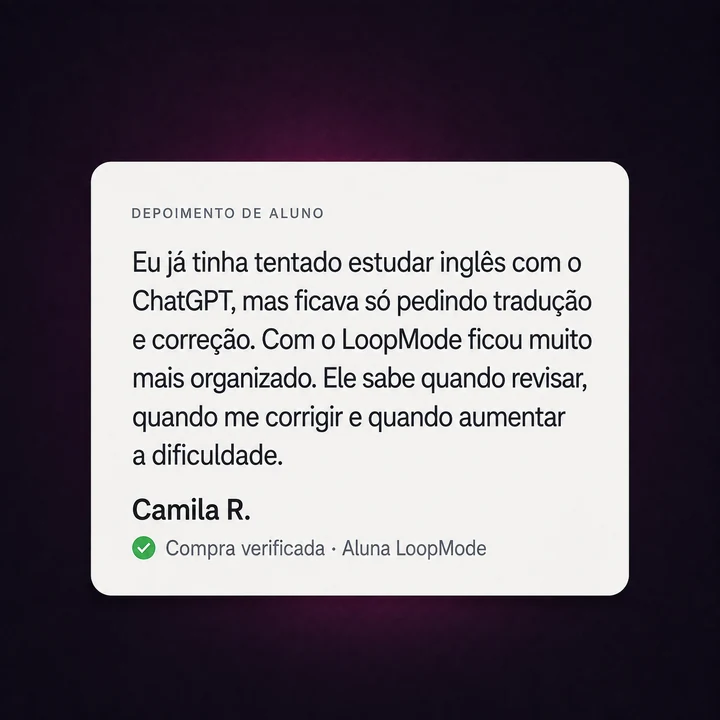 Depoimento de Camila R., compradora do LoopMode, sobre a prática ficar mais organizada do que pedir traduções ao ChatGPT.